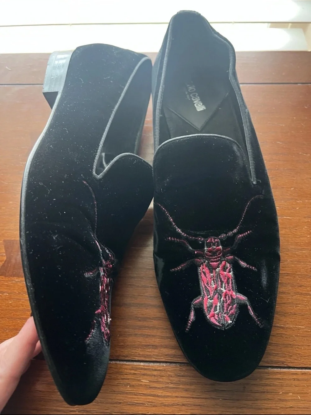 Roberto Cavalli Men Black Velvet Beetle Loafers Embroidered Size 45 EU-12 US